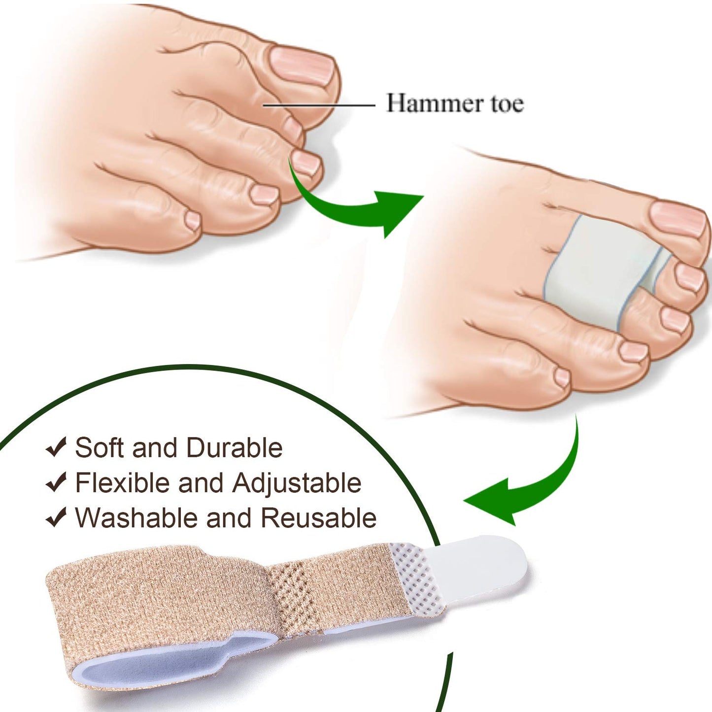 Anzailala Nylon 2Pcs Hammer Toe Straightener, Broken Toe Wraps,Toe Cushioned Bandages,Hammer Toe Splints For Correcting Hammer Toes, Broken Toes, Crooked Toes & Overlapping Toes Foot