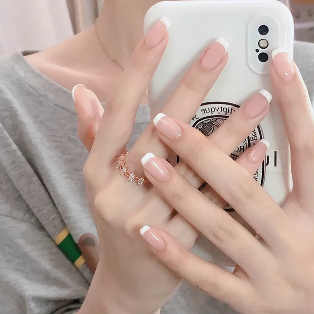 Anzailala Press On Nails Fake Nails Short French Nails 24 Pcs Nail Kit Jelly Glue on False Nails for Women Girl