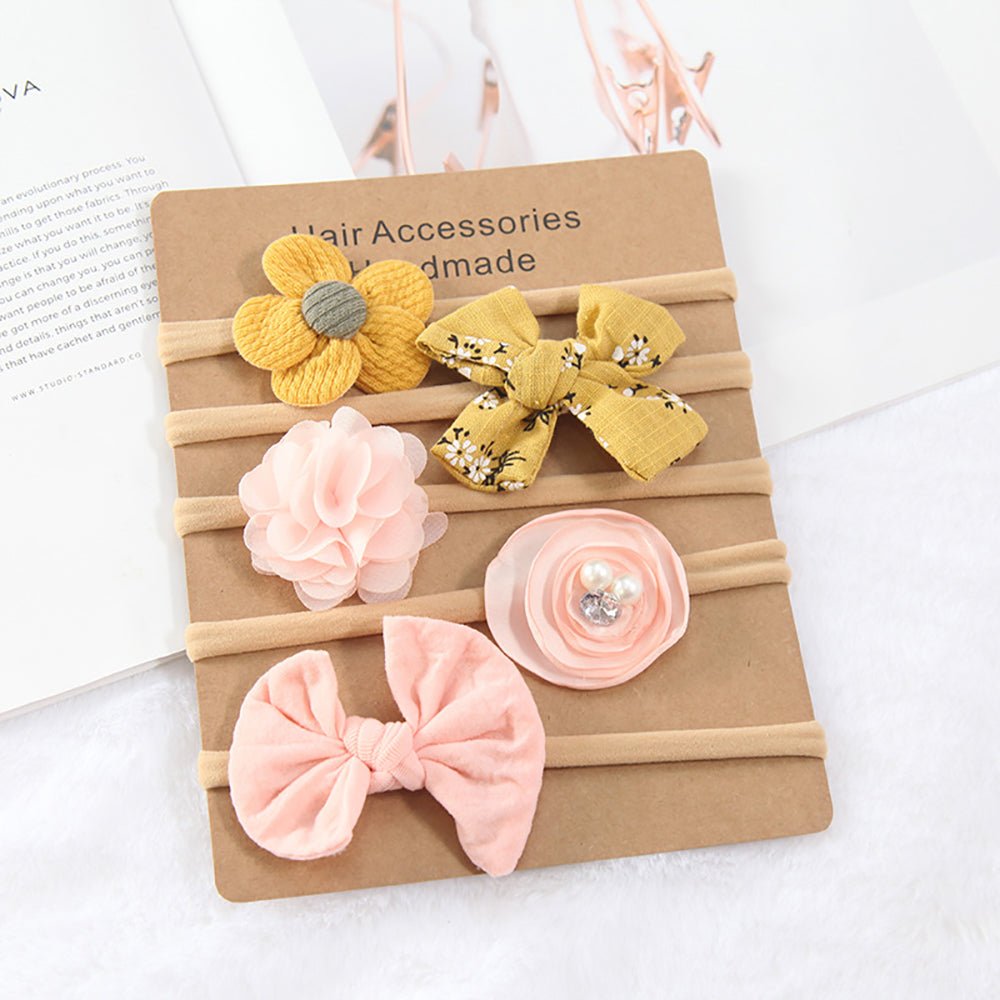 Anzailala Baby Hair Band 5 Pcs Hairband For Baby Girl Flower Hairband For New Born Baby Girl 0-6 Months (Yellow + Pink)