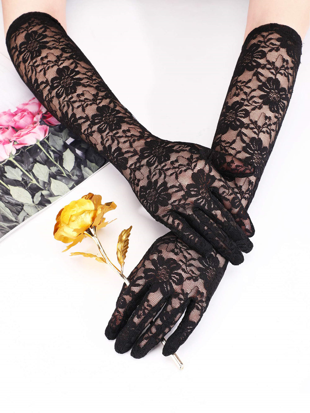 Anzailala Ladies Lace Gloves Full Finger Bridal Lace Gloves Fashion Net Gloves Long Floral Gloves for Women